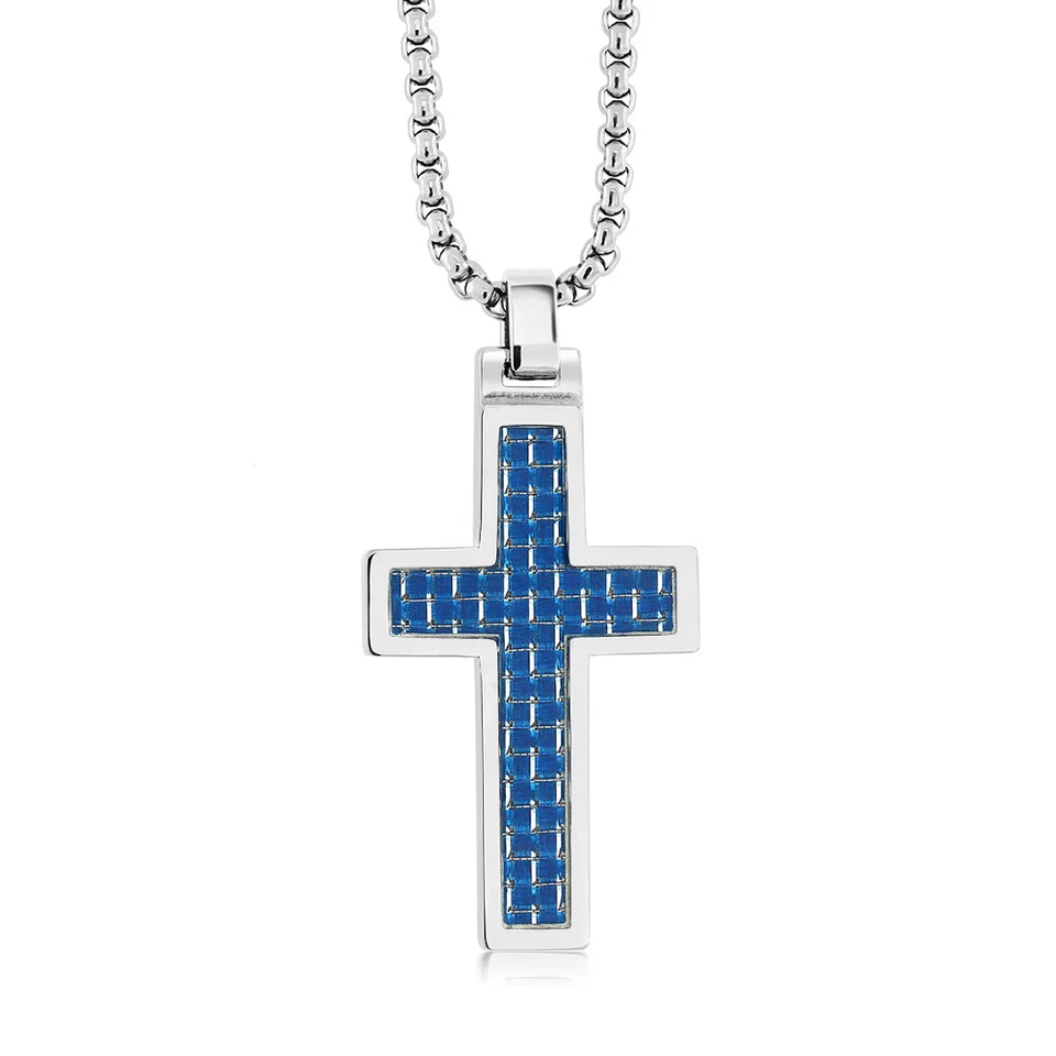 Cross Pendant Blue Carbon Fiber Inlay Tungsten Carbide Religious Cross w/ Chain - Image 1 of 1