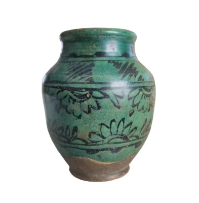 Jarrón antiguo de cerámica Raqqa, vidrio verde Frit Ware / jarra de tamaño mediano Foto 1 de 4