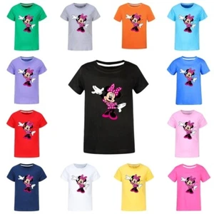 Kids Girls Minnie Mouse Print Casual Short Sleeve T-Shirt Cotton Top Gifts 2-14Y - Picture 1 of 26