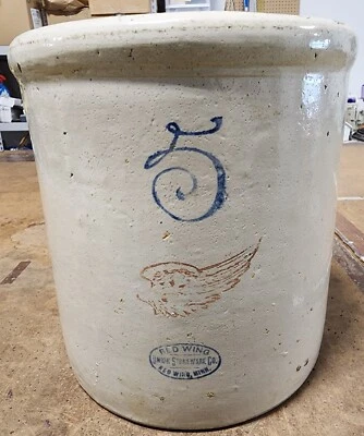 ANTIQUE VINTAGE RED WING FIVE (5) GALLON STONEWARE CROCK 1930s OVAL LARGE WING - Image 1 of 4
