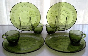 Indiana Glass 4 Green Sunburst Snack Luncheon Plate & Cup Sets - Picture 1 of 11
