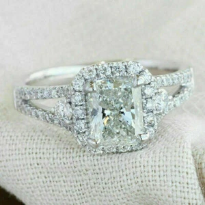 2Ct White Radiant Stone Split Shank Halo Engagement Ring 925 Sterling Silver - Picture 1 of 5