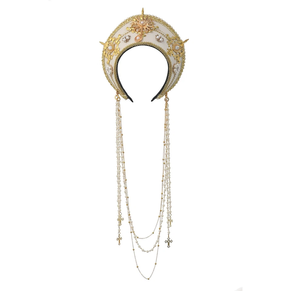Women Renaissance Tudor Headpiece Royal French Hood Coronet Tiara with Chain - Image 1 of 4