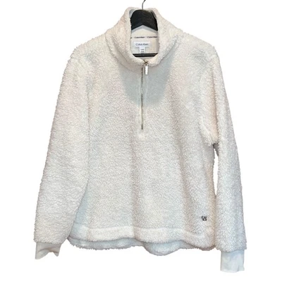 Calvin Klein Quarter Zip Pullover Womens L Cream Sherpa Fleece Sweatshirt Top - Image 1 of 4