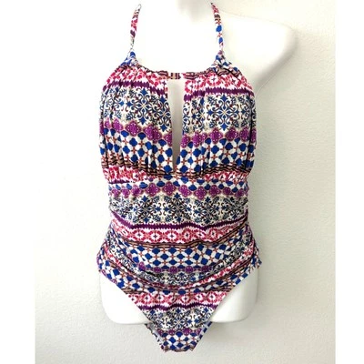 Traje de baño LA BLANCA Paisley cuello alto ojo de cerradura halter una pieza rosa azul talla 12 Foto 1 de 4