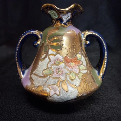 JARRÓN ANTIGUO JAPONÉS MINIATURA ART NOUVEAU AZUL COBALTO CORALENO PORCELANA 1909 Foto 1 de 4