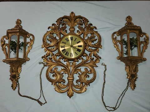 VINTAGE 1972 MID CENTURY BURWOOD 3 PC CLOCK WALL DECOR HOLLYWOOD REGENCY Cover