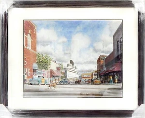 Framed Fine Art Print of Original City Painting 32"x43.50" Brown Wooden Frame - Picture 1 of 1