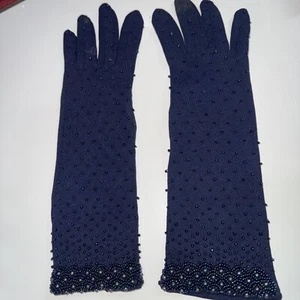 Vintage HONG KONG Stretch Nylon Navy Beaded Gloves - ALL SIZES EXC - Picture 1 of 5