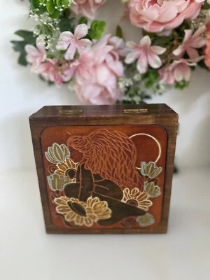 Vintage Hand Carved Hand Painted Wood Hinged Box Voluptuous Woman W Flowers 6X6 - Image 1 of 4