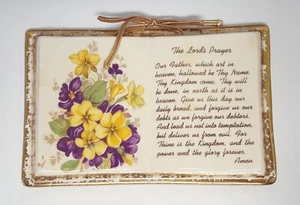 Lord's Prayer Ceramic Open Book Plaque Pansies Gold Accent Vintage Decor Art - Picture 1 of 18