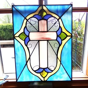 HERMOSA CRUZ VITRAL DE PLOMO VINTAGE 13 X 10 CON CADENA - Imagen 1 de 4
