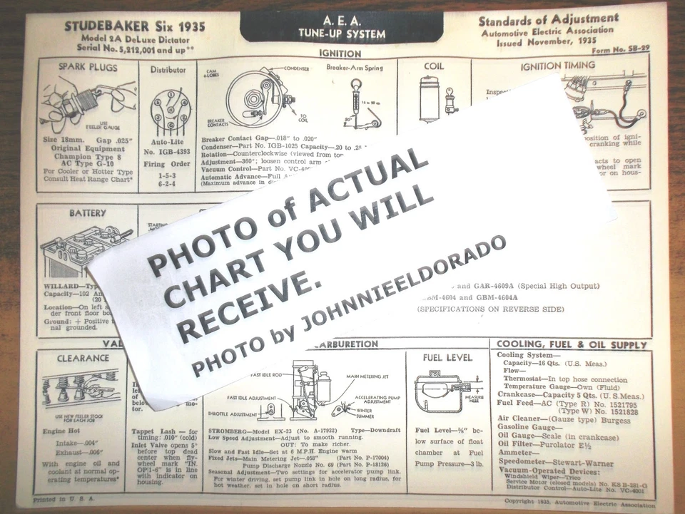 Studebaker SIX Series 2A 1935 DeLuxe Dictator Models AEA ¡Gráfico de afinación ÚLTIMO! Foto 1 de 1
