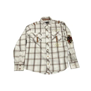Coogi Shirt Boys Medium White Orange Colorful Button Down Shirt Plaid Embroided - Picture 1 of 9