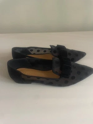 J. Crew Black Polka Dot Velvet Bow Mesh Pointed Toe Flats Size 7.5 Shoes AG050 - Image 1 of 4