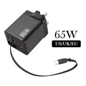 65W Fast Wall GaN Charger with USB-C Retractable Cable Universal US/UK/EU Plug - Picture 1 of 19