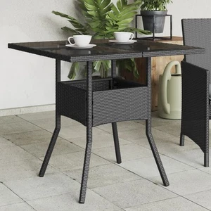 Black Poly Rattan Garden Table 80x80x75 cm with Glass Top for Outdoor Use - Picture 1 of 5