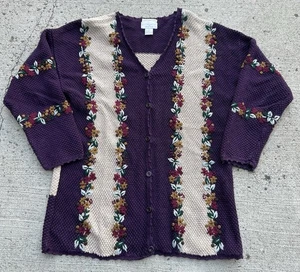 Womens 90's Hand Embroidered Knit Button up Cardigan Size Large Purple Floral - Picture 1 of 7
