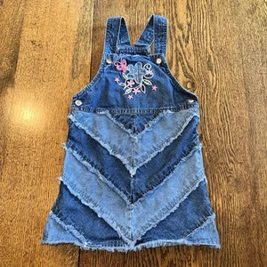 Vtg 90s Y2K Disney Patchwork Denim Jean Jumper Overalls 4/5 Embroidered Flower - Picture 1 of 11