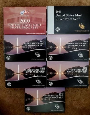 SEVEN US Mint SILVER Proof Sets 2010 2011 2013 2014 2015 2016 2017 OGP COA - Image 1 of 4