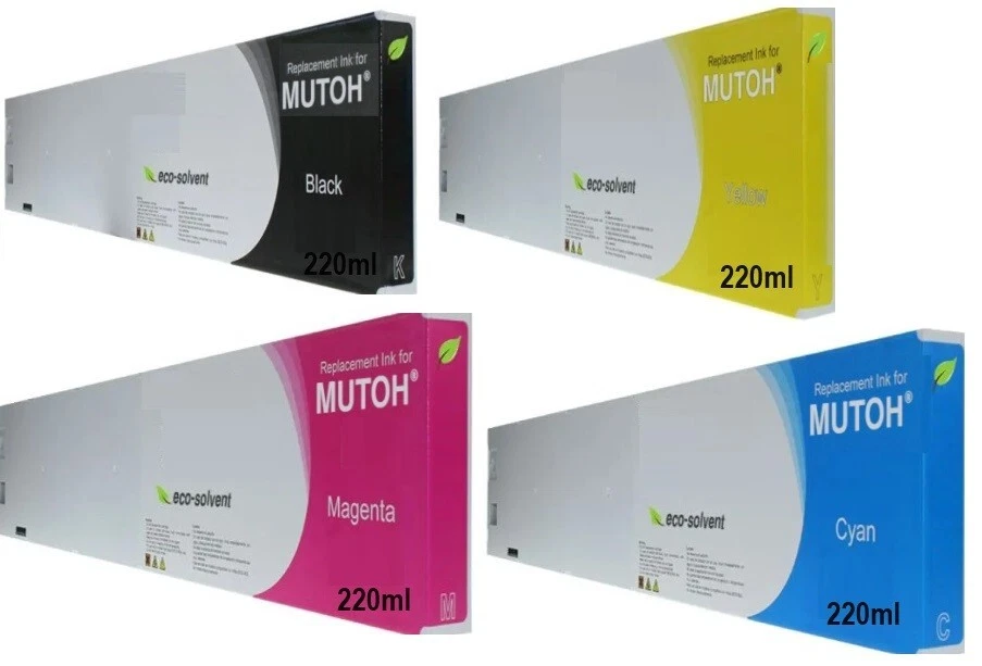 4x COMPATIBLE MUTOH ECO SOLVENT INK CARTRIDGES ValueJet 1204 1304 628 CYMK 220ML - Image 1 of 1