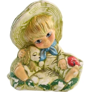 Vintage Plaster Chalkware Straw Hat Boy and Puppy Dog Planter Votive Holder Art - Picture 1 of 20