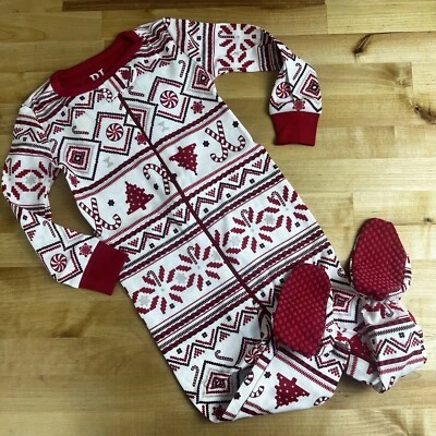 Children's PJ PLACE Christmas Footie Pajamas Candy Canes Trees 9-12 Months NEW - Image 1 of 4