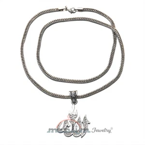 Islamic Silver Allah Pendant Set with Rhinestones On Silver with 24-inch Chain - Picture 1 of 4
