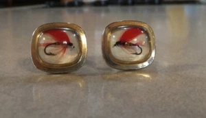 VTG 1950'S HAYWARD 12K GOLD FILLED DOME ENCASED RED FLY FISHING LURE CUFF LINKS - Picture 1 of 7