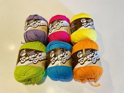 6 NEW LILY SUGAR 'N CREAM COTTON YARN hot pink orange green purple blue sunshine - Image 1 of 2