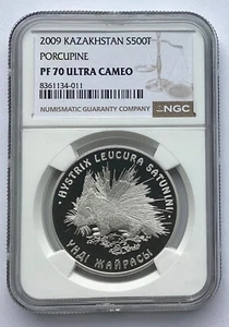 KAZAKHSTAN 500 TENGE SILVER FAUNA WILDLIFE  PORCUPINE NGC PF 70 2009 - Picture 1 of 2