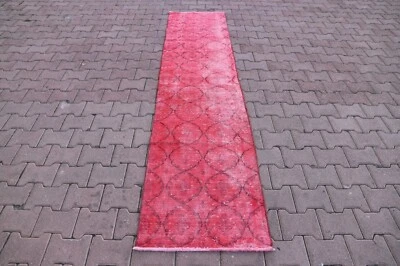 Turkish Red Runner Rug Anatolian Handmade Overdyed Vintage Sparta Carpet 2x9ft - Image 1 of 4