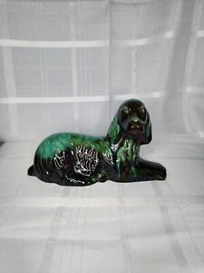 Vntg Blue Mountain Pottery Spaniel Dog Blue Teal Green Drip Glaze Figurine 