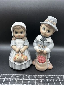 Vintage großer 10" Keramik Pilger Junge & Mädchen mit riesigen Augen, Thanksgiving - Bild 1 von 11