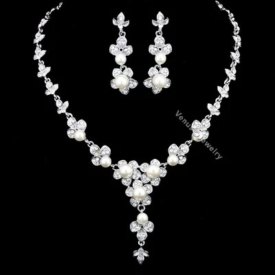 Conjunto de aretes collar perlas de cristal diamantes de imitación florales boda graduación N339 Foto 1 de 4