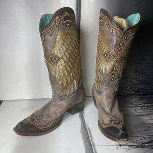 Corral Tabaco Leather Wing Cross Studs Crystal Western Women Boot Sz 10.5M A3771 - Picture 1 of 11