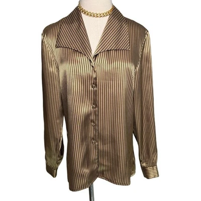 Винтажная атласная блузка K Arnold черное золото металлик в полоску с широким воротником размер маленький - Изображение 1 из 4