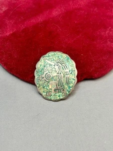 Broche Colgante Guerrero Azteca Vintage Taxco México 925 con Incrustación Turquesa Esterlina - Imagen 1 de 4
