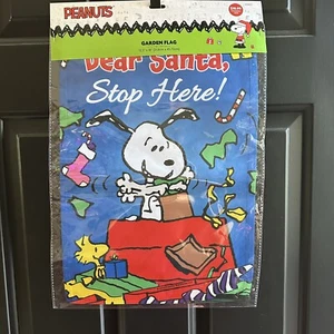 Peanuts Snoopy Christmas Garden Flag DEAR SANTA STOP HERE New - Picture 1 of 2
