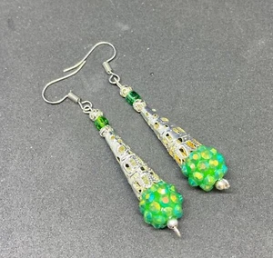 Green Shamballa & Silver Filigree Earrings. Handmade in the UK - Picture 1 of 7