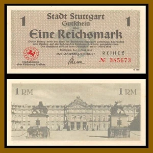 Germany 1 Reichsmark Notgeld, 1945/ 1946 Allied Occupation City Stuttgart Unc - Picture 1 of 1