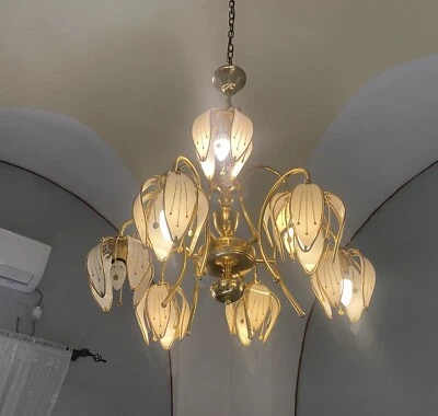 Elegante araña vintage de latón y vidrio trabajado - diseño floral de 9 luces Foto 1 de 4