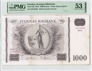 SWEDEN 1000 Kronor 1973, P-46f, Highest Denomination Large Note, PMG 53 AU, Rare - Picture 1 of 2