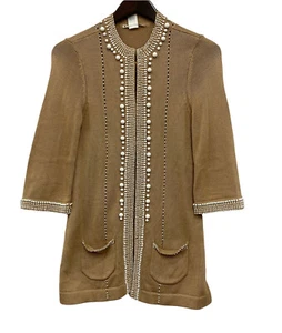 Nanette Lepore Women's Size XS Brown Knit Long Duster Cardigan Beaded Sweater - Picture 1 of 9