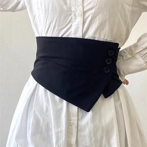 Black Button Belt Corset Waistband Obi Punk Accessory Wide Japanese Half Elastic - Picture 1 of 6