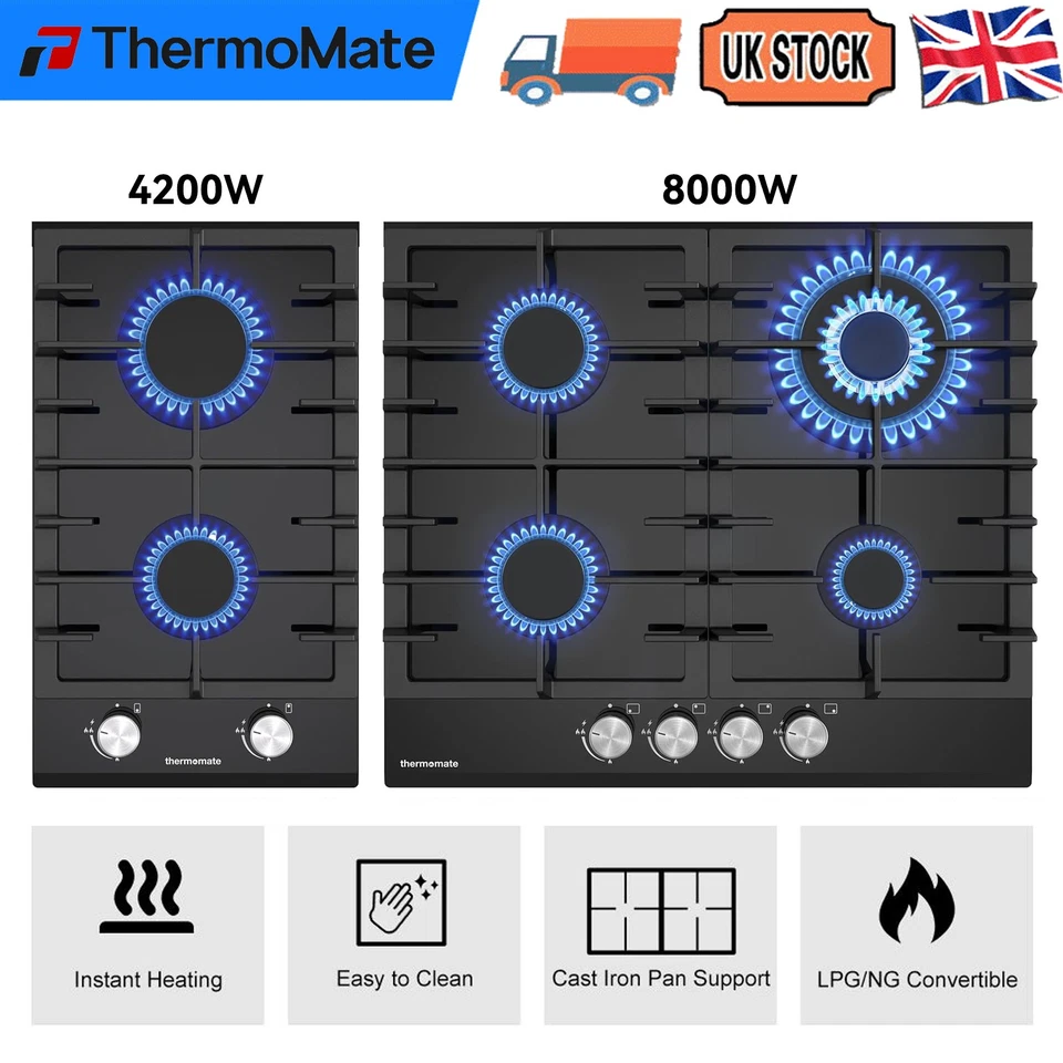 ThermoMate Built-in 2/4 Burners Gas Stove Cooker Hob Black Glass Cooktop NG LPG - Image 1 of 1