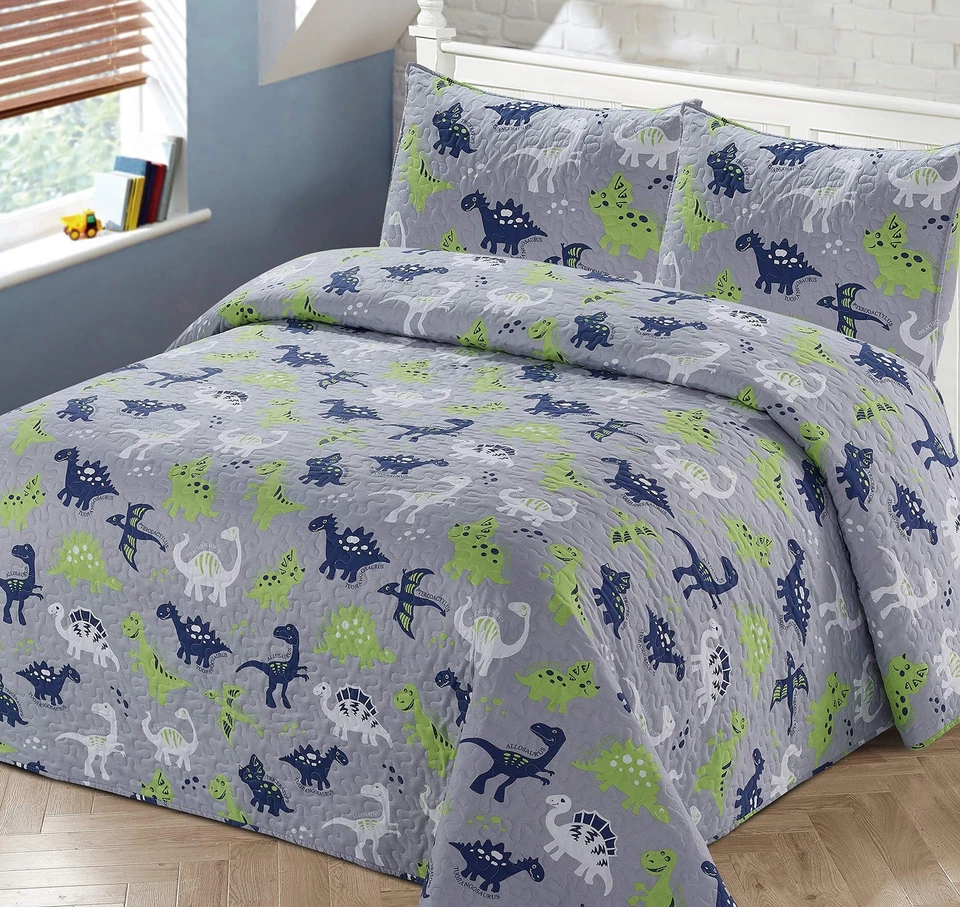 Bedspread Coverlet Quilt Set for Kids Multi-Color Dinosaurs Blue White Green ... - Image 1 of 1