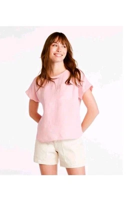 NWT LL Bean Premium Washable 100% Linen Short Sleeve Shirt Large Shell Pink Boxy - Image 1 of 4