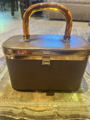 Cartera caja de cuero vintage años 60 con asa Lucite marrón y latón con cachemira Foto 1 de 4