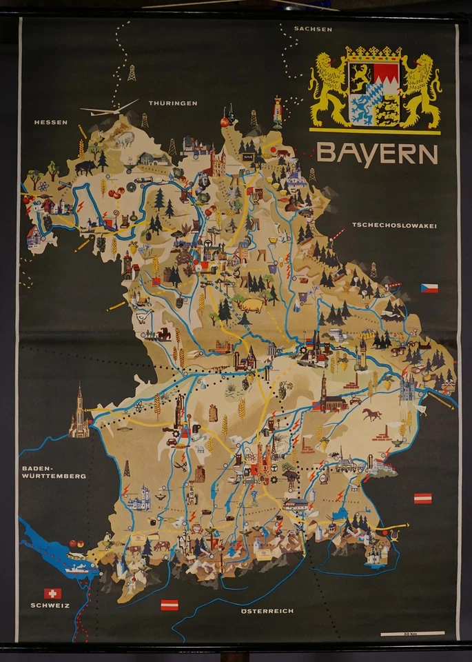 Picture Map Bavaria Rollable Wall Chart Poster Vintage Countrycore Mural - Image 1 of 1